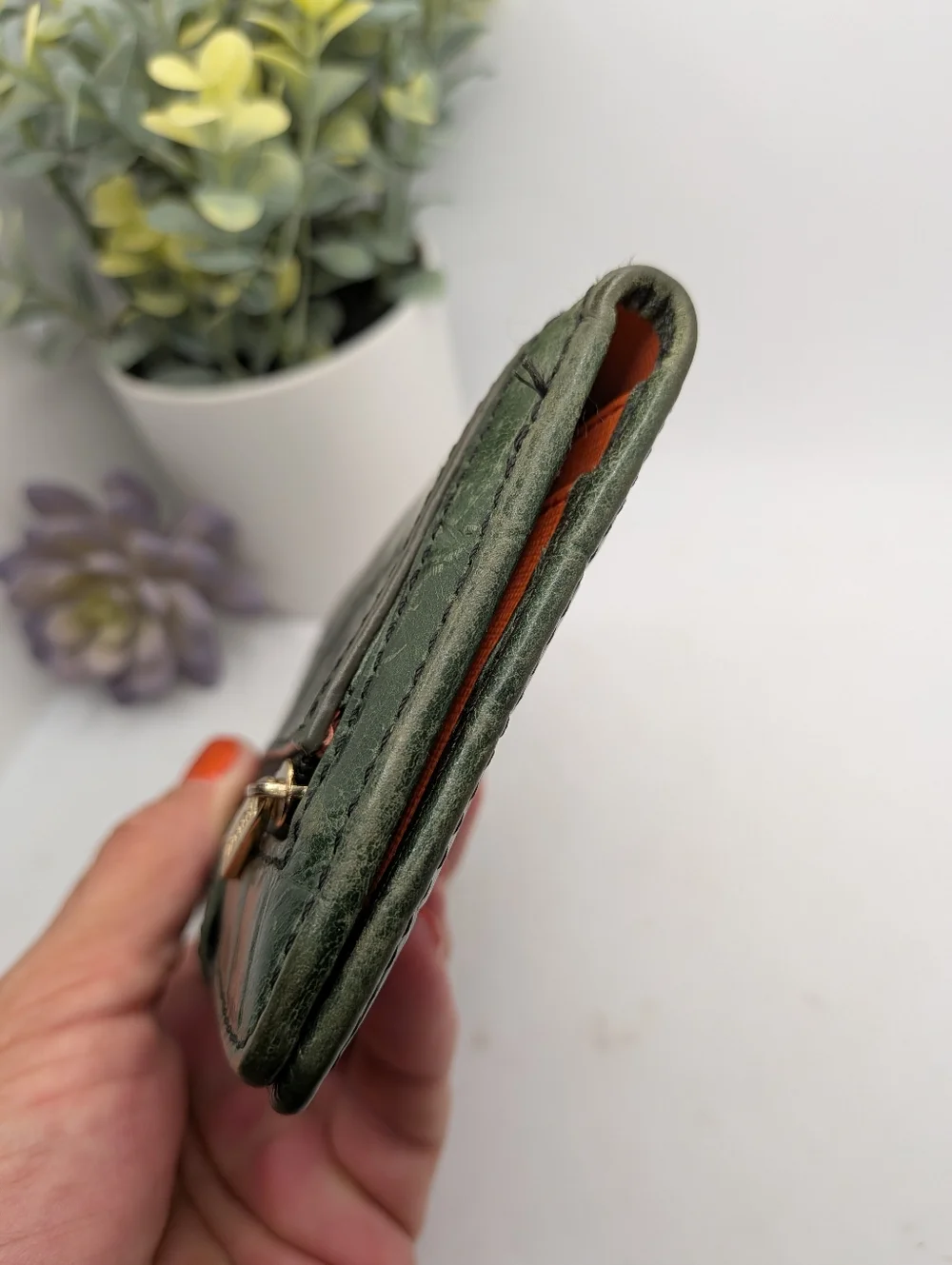 Fossil Green Croc Embossed Leather Slim Tab Wallet - Coral/ Orange Interior - Picture 4 of 7